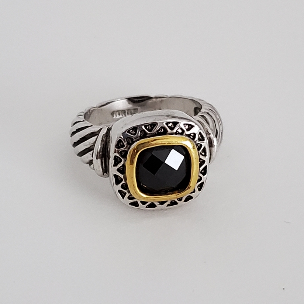 Black Onyx Style Silver and Gold Cocktail square face Ring